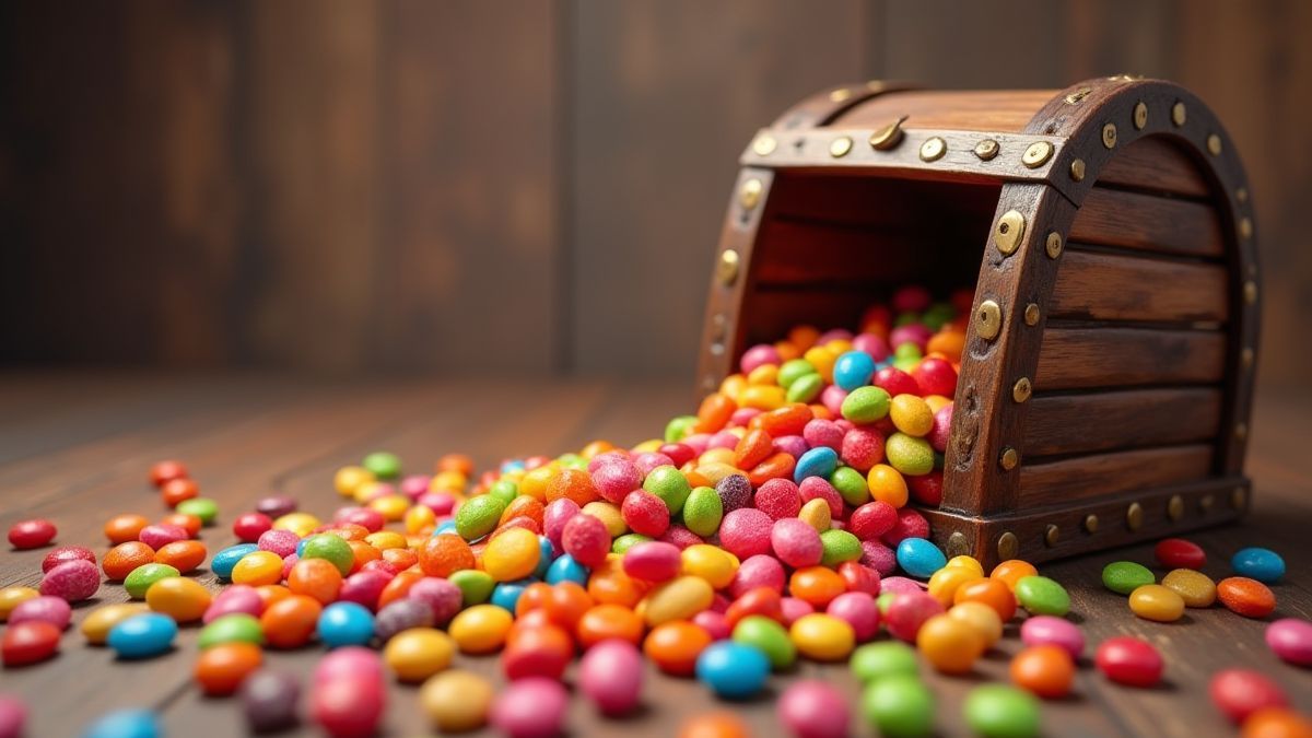 Schatzkiste voller bunter Bonbons.