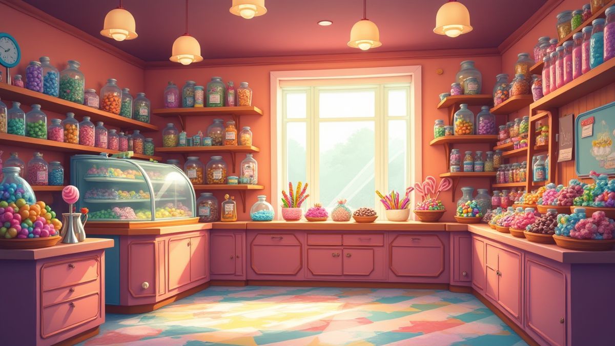 Tienda de golosinas llena de colores y diversas chucherías.
