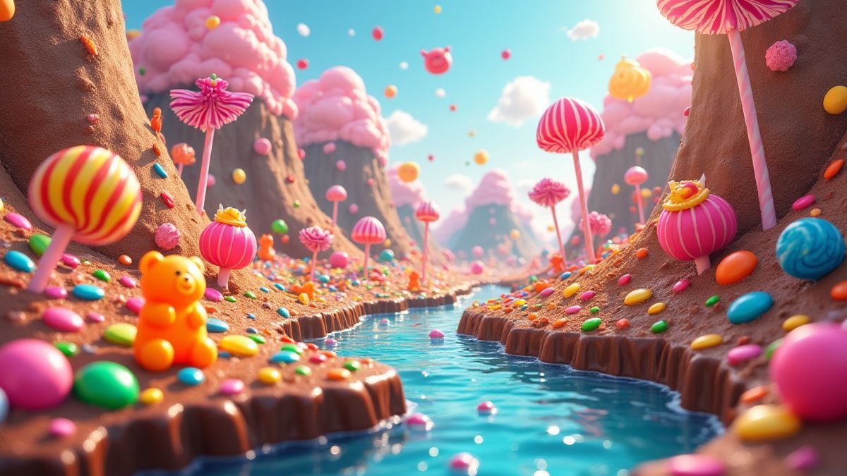 Een kleurrijk snoepland met felle lollipops en gummyberen.