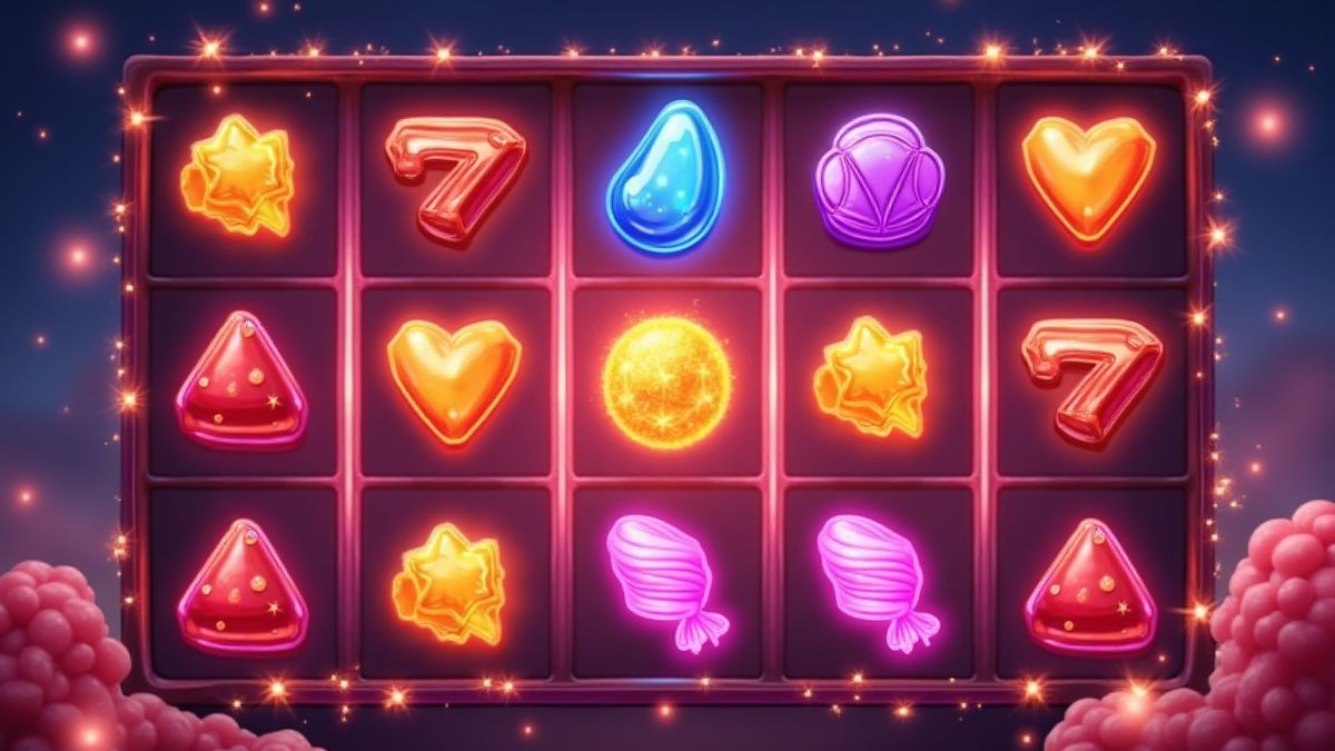 Een glanzend snoep gevuld slot raster met sprankelende Scatter-symbolen.