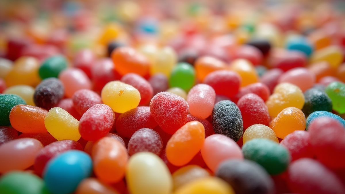 Süßigkeitenfabrik mit Gummibären und bunten Leckereien.
