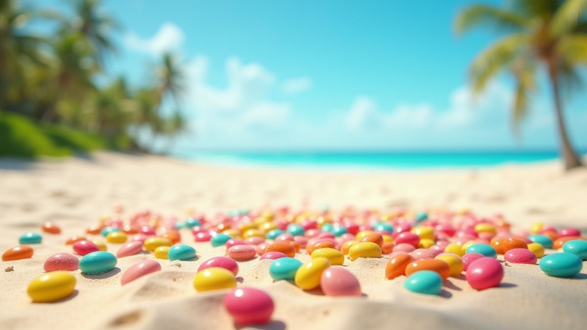 Colorful candies on a sunny beach.