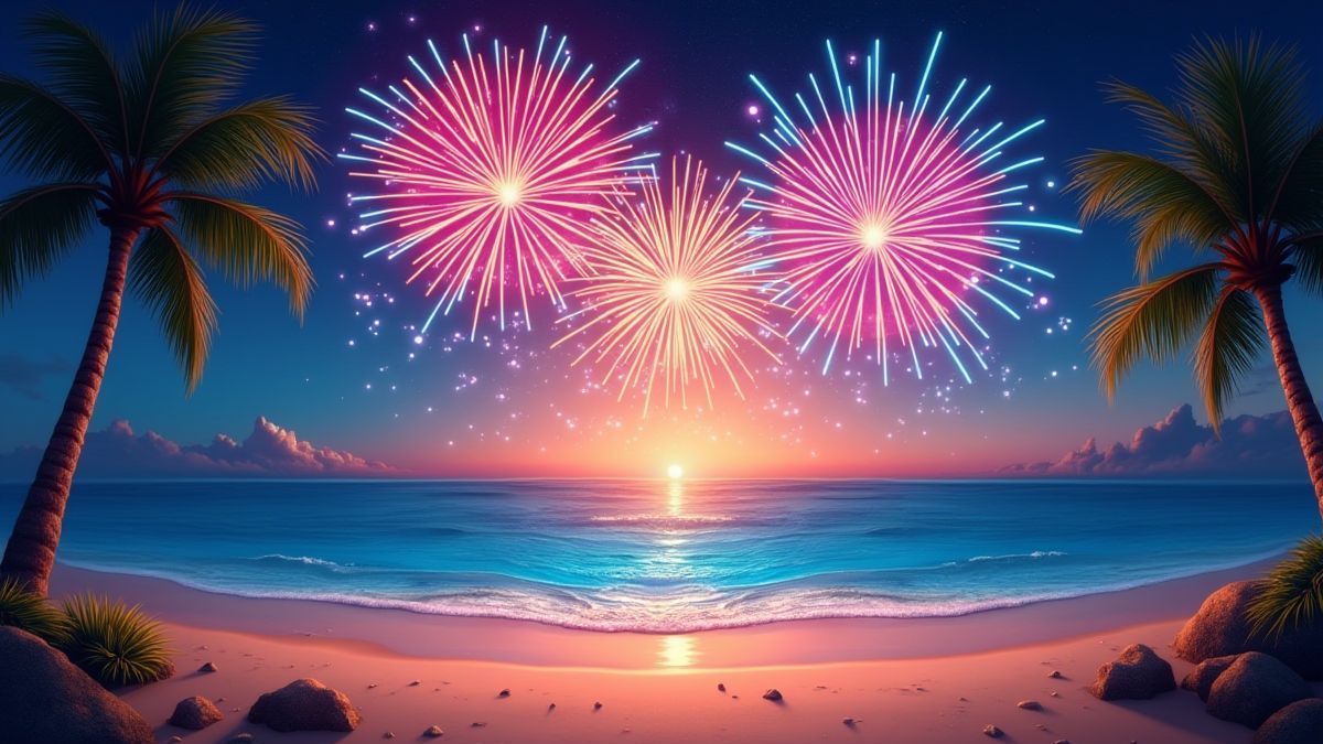 Fireworks over a tropical beach.