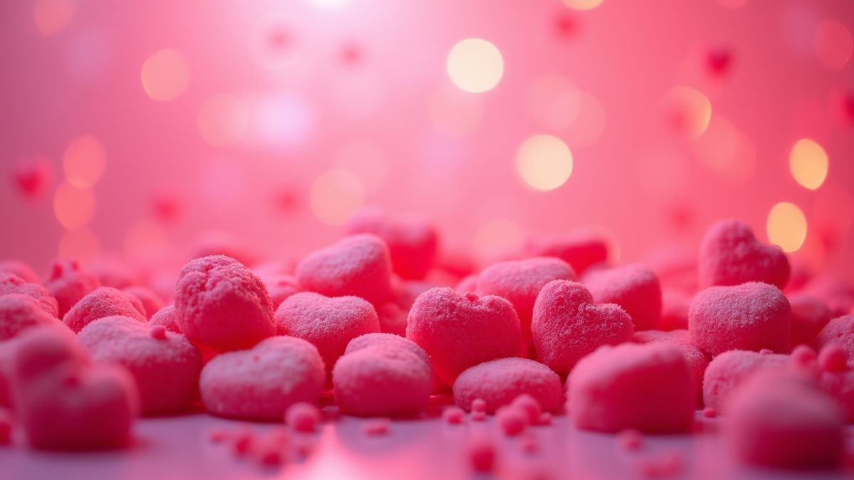Un mundo lleno de caramelos y corazones en colores vibrantes de rosa y rojo.