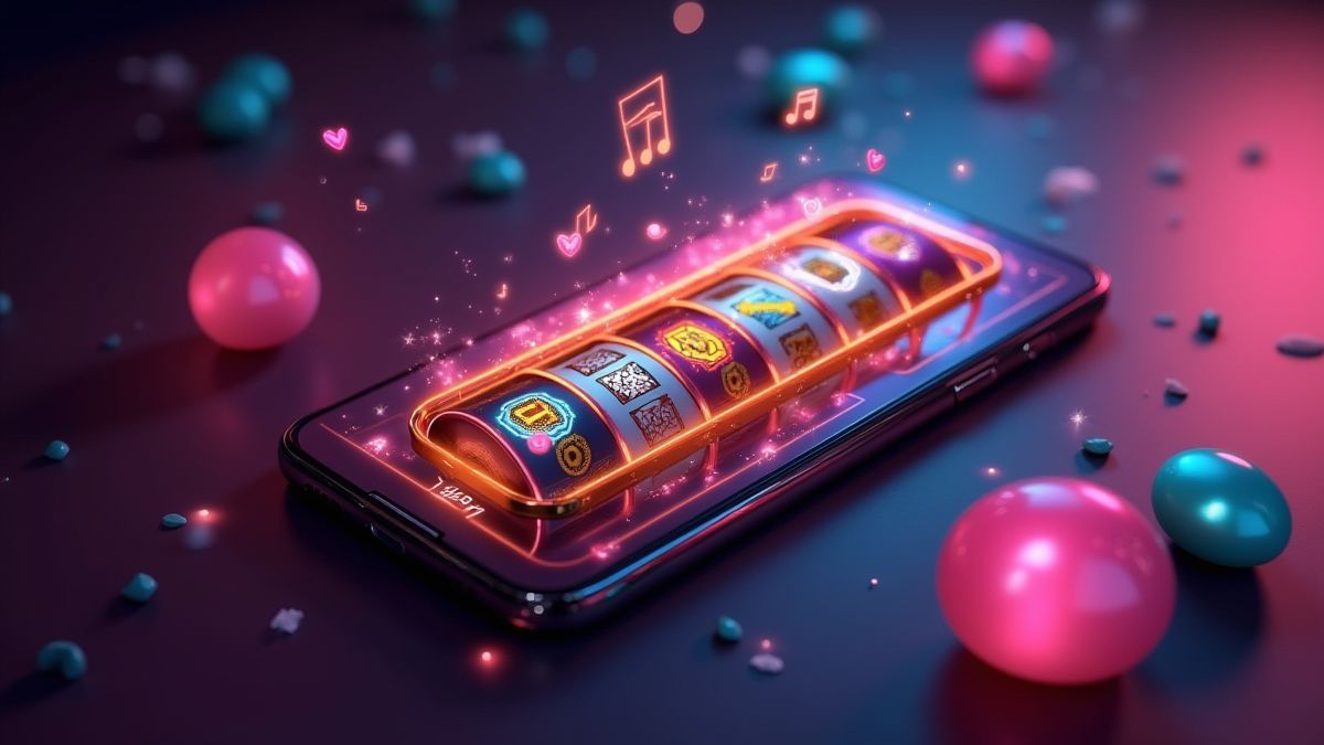 Pantalla móvil mostrando carretes temáticos de caramelos con animaciones brillantes.