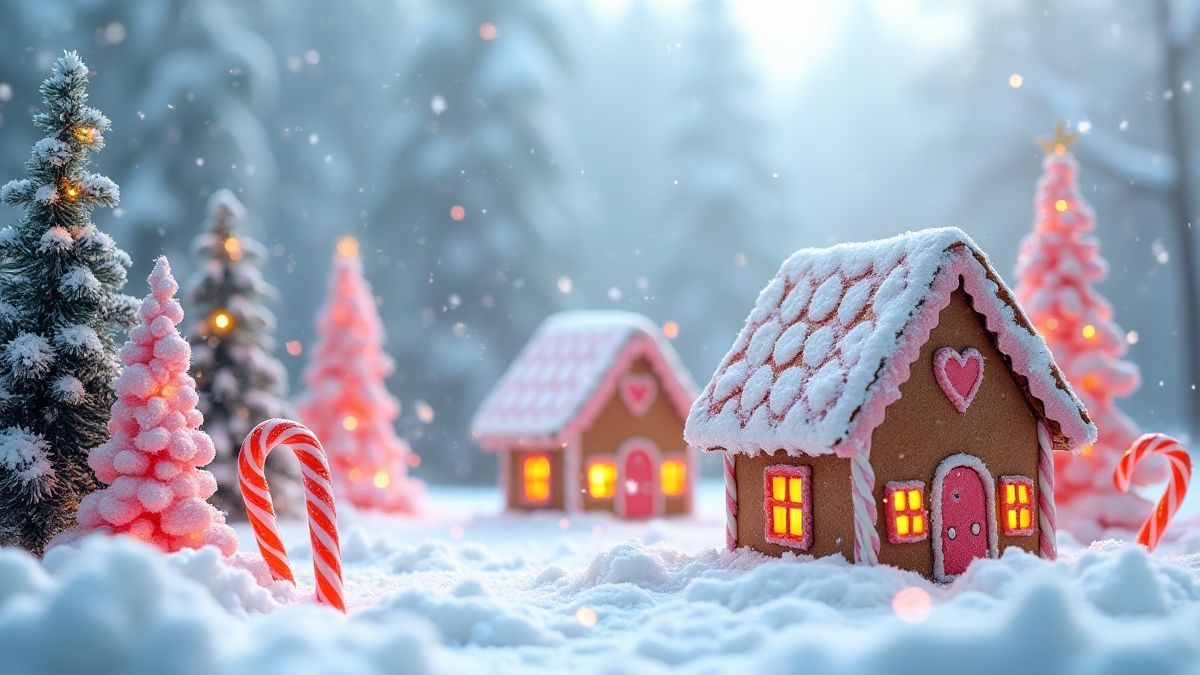 Verschneite Landschaft mit Lebkuchenhäusern und Zuckerstangen unter dem Schnee.