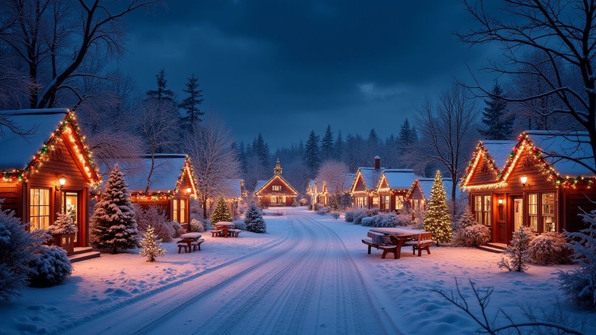 Ein festliches, verschneites Dorf mit bunten Lichtern und Weihnachtsdekorationen.