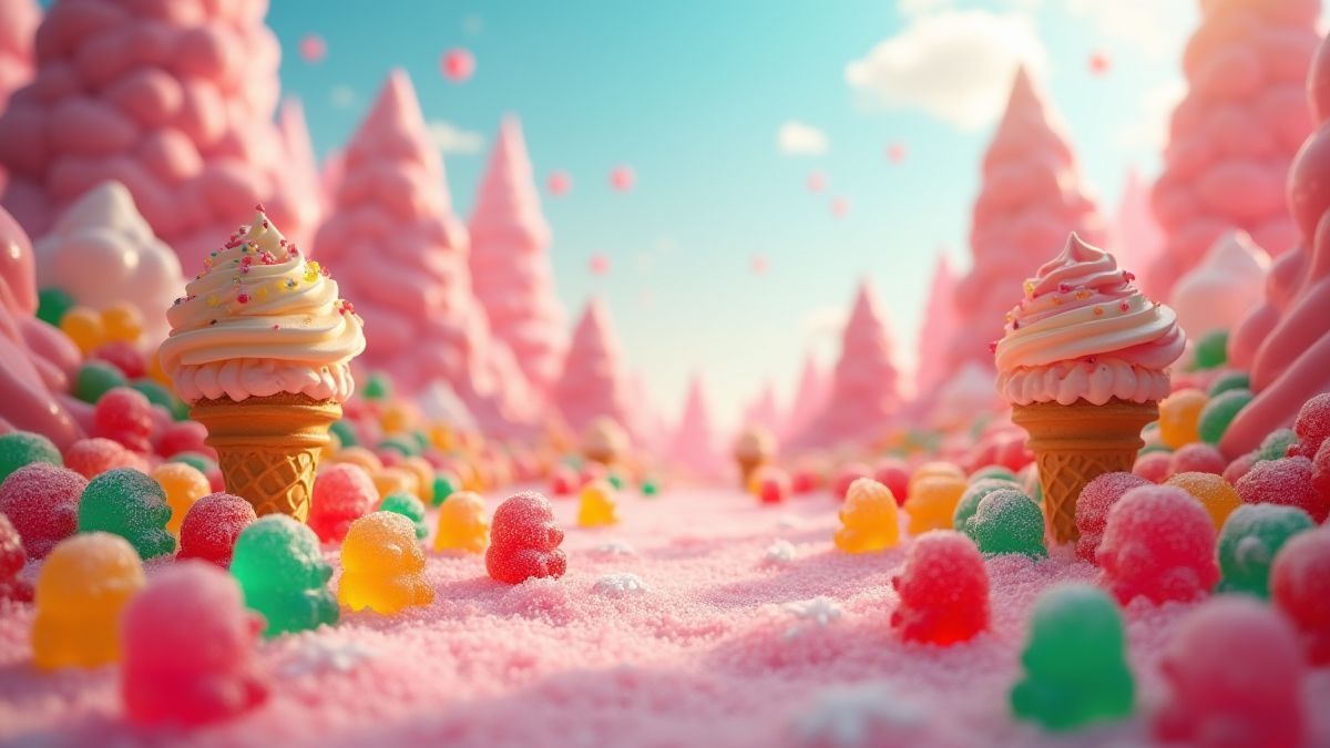 A fantasy world filled with candies featuring gummy bears and ice cream cones.