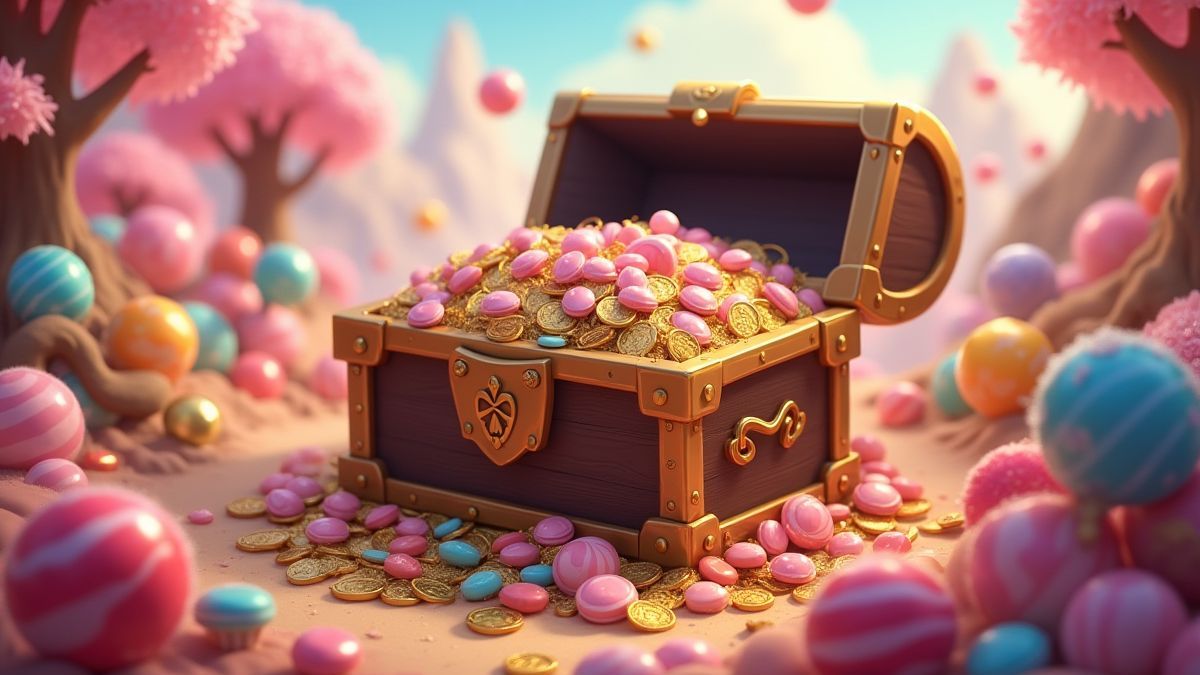 A treasure chest filled with candies and coins in a fantasy world.