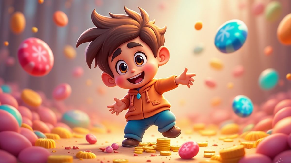 A happy player surrounded by candies and coins in a colorful environment.