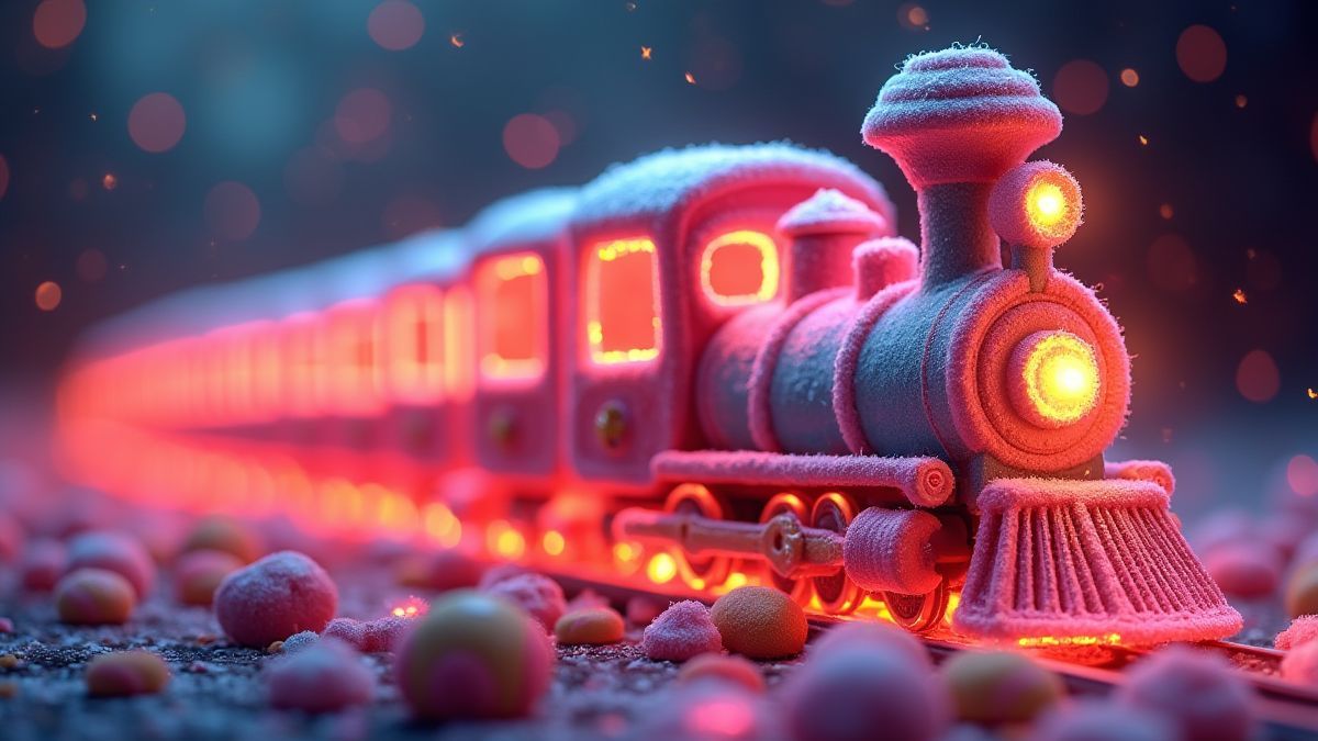 Ein leuchtender Süßigkeitenzug umgeben von Süßigkeiten und Glitzer