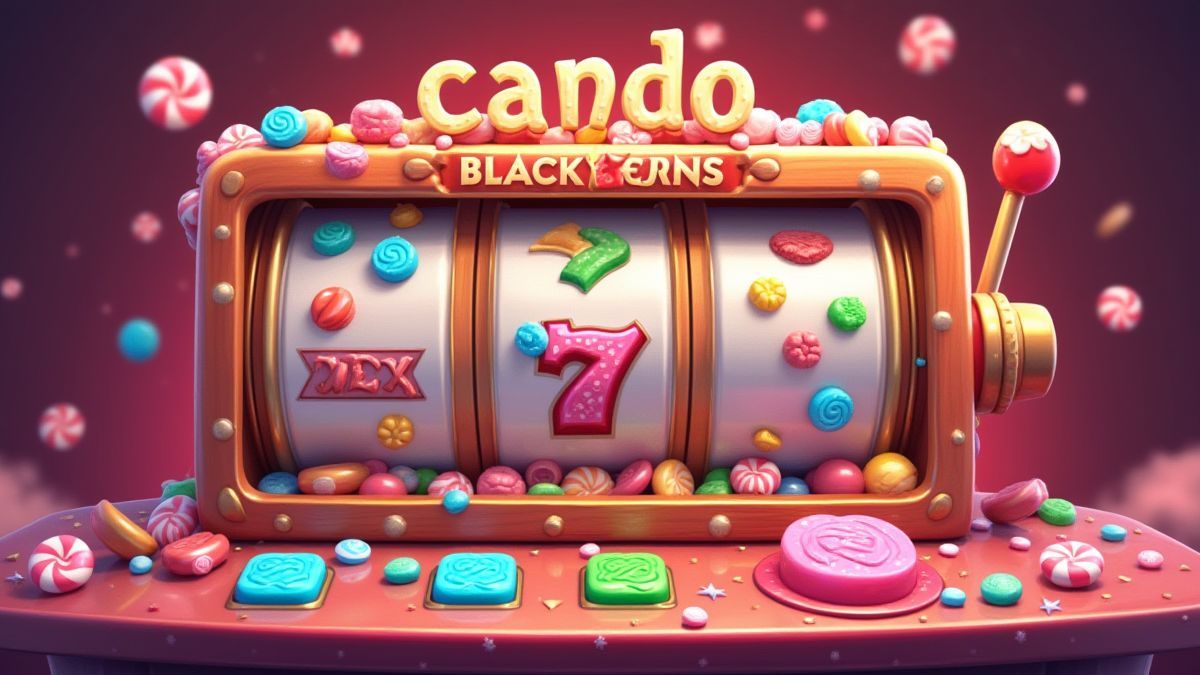 Bildschirm eines Spielautomaten mit bunten Tasten und lebhaften Süßigkeiten.