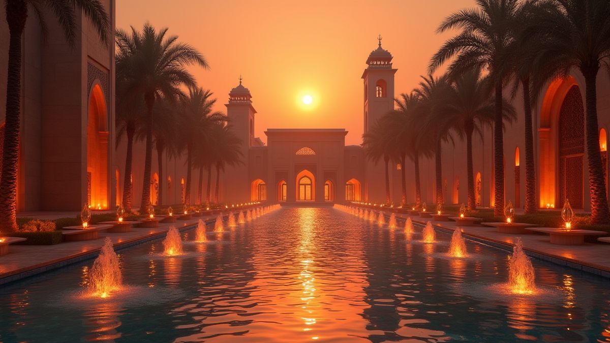 Een Arabisch paleis bij zonsondergang met fonkelende lampen en fonteinen.
