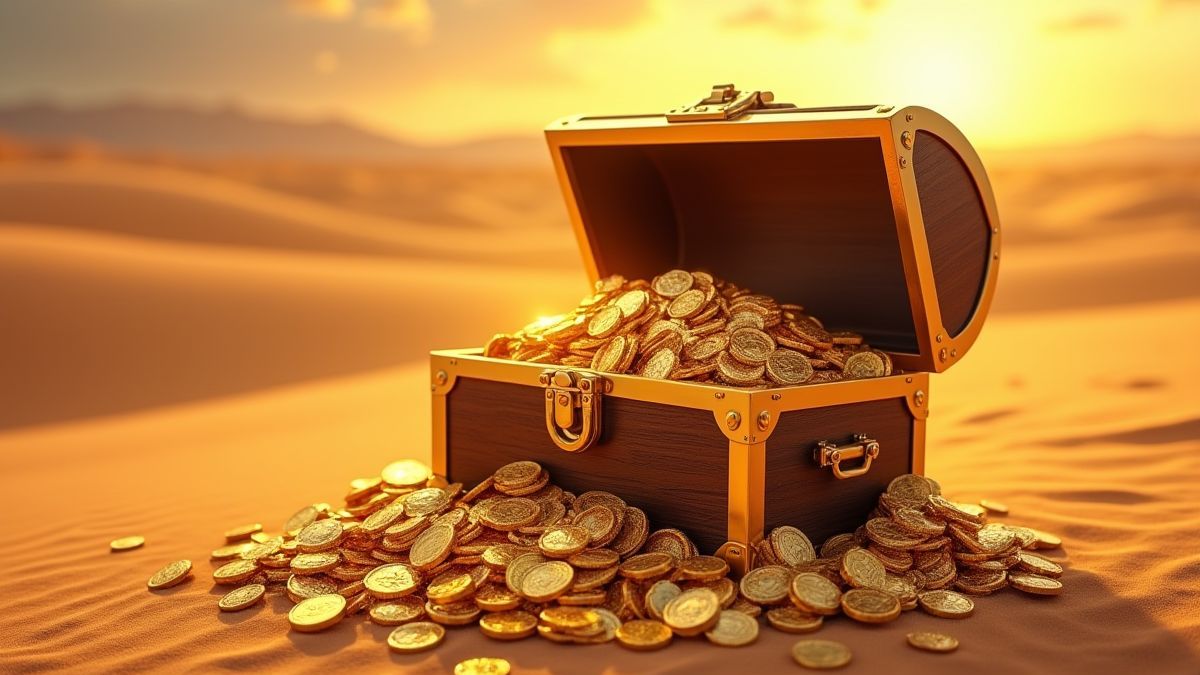 A treasure chest filled with jewels and gold coins in a desert landscape.