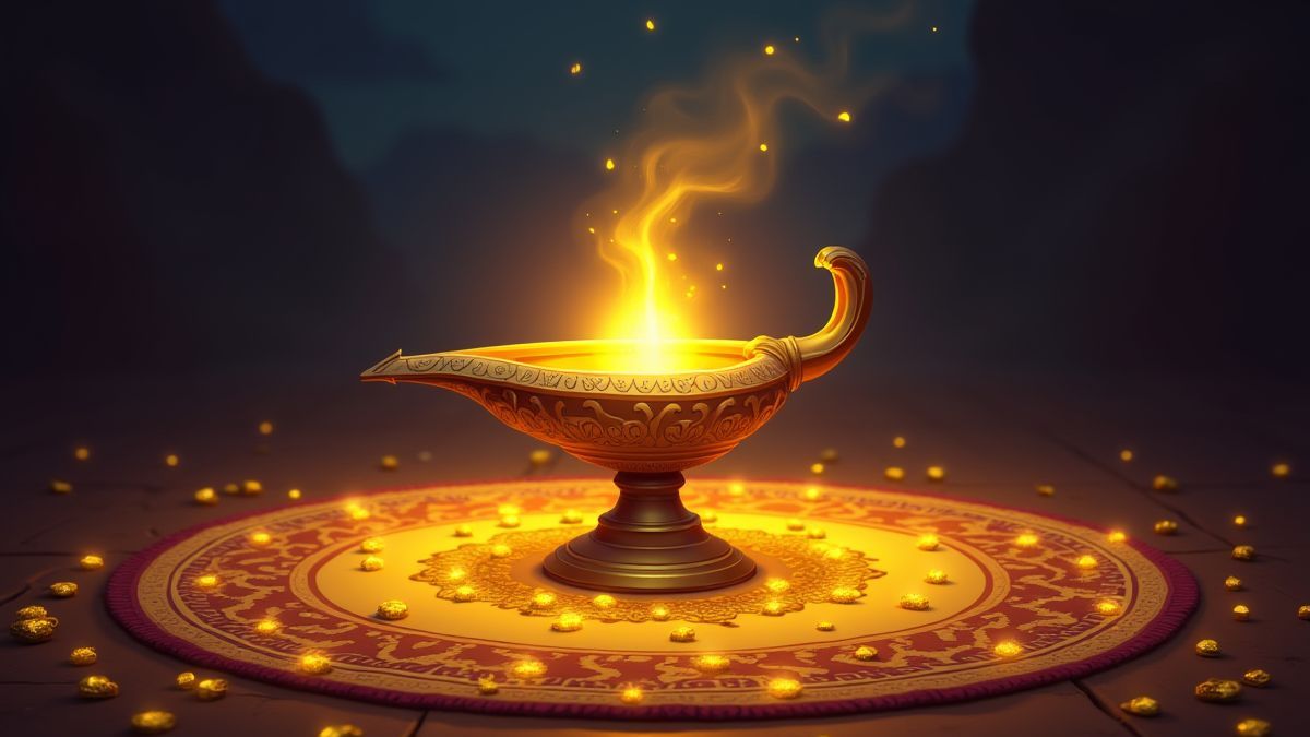 A magic lamp on a golden rug surrounded by glowing treasures.