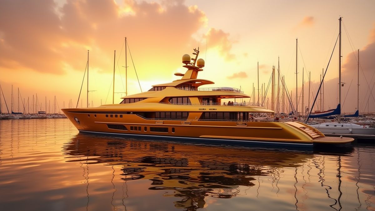A golden yacht in a luxurious marina at sunset.