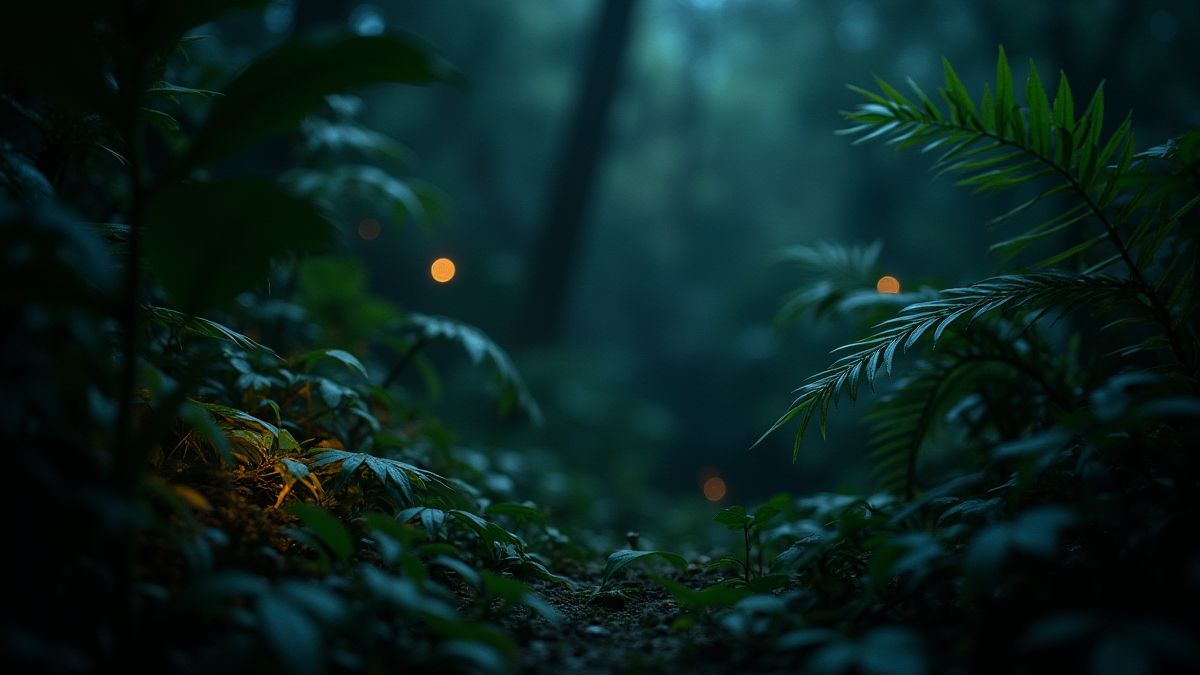 Glowing tiger eyes in a tropical jungle.