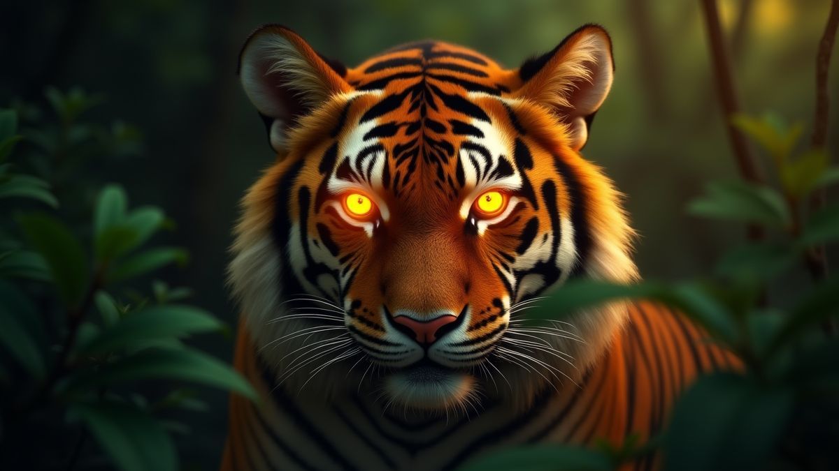 Golden eyes shining in a mystical jungle.