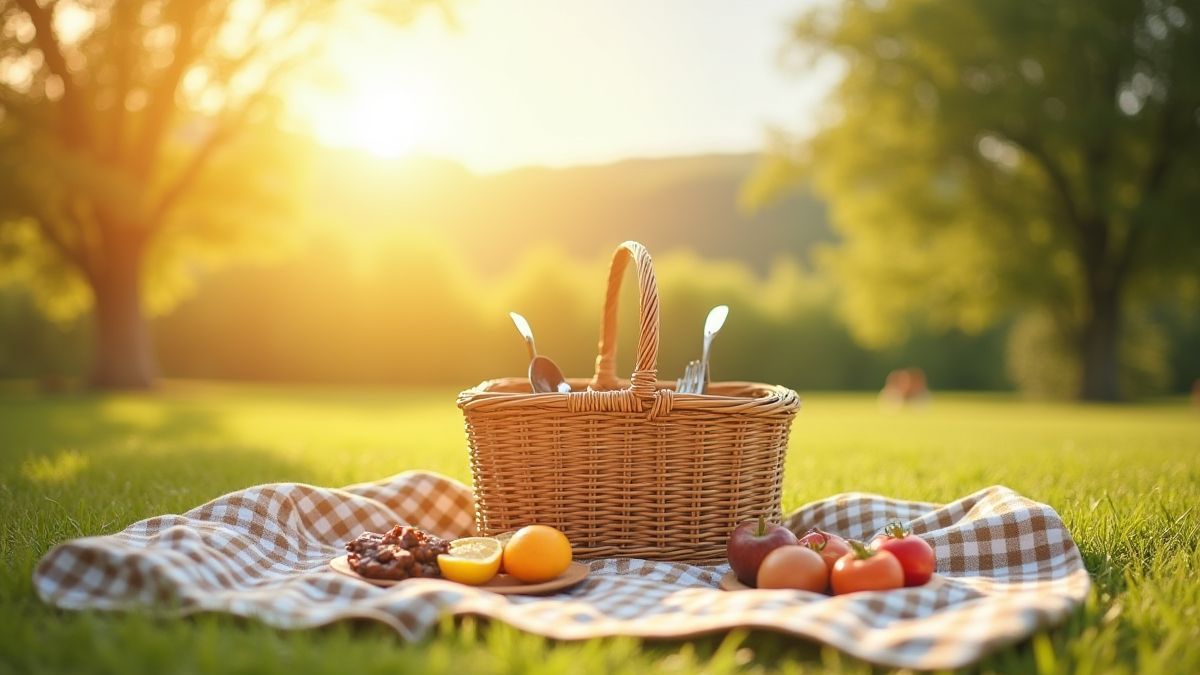 Een zomerse picknick met een mand en eten onder de zon
