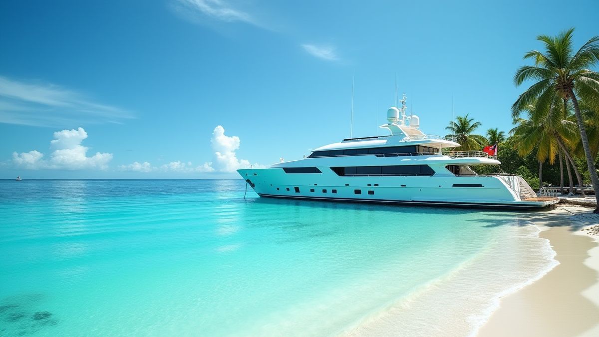 Een luxe jacht bij een tropisch strand met kristalhelder water en palmbomen.