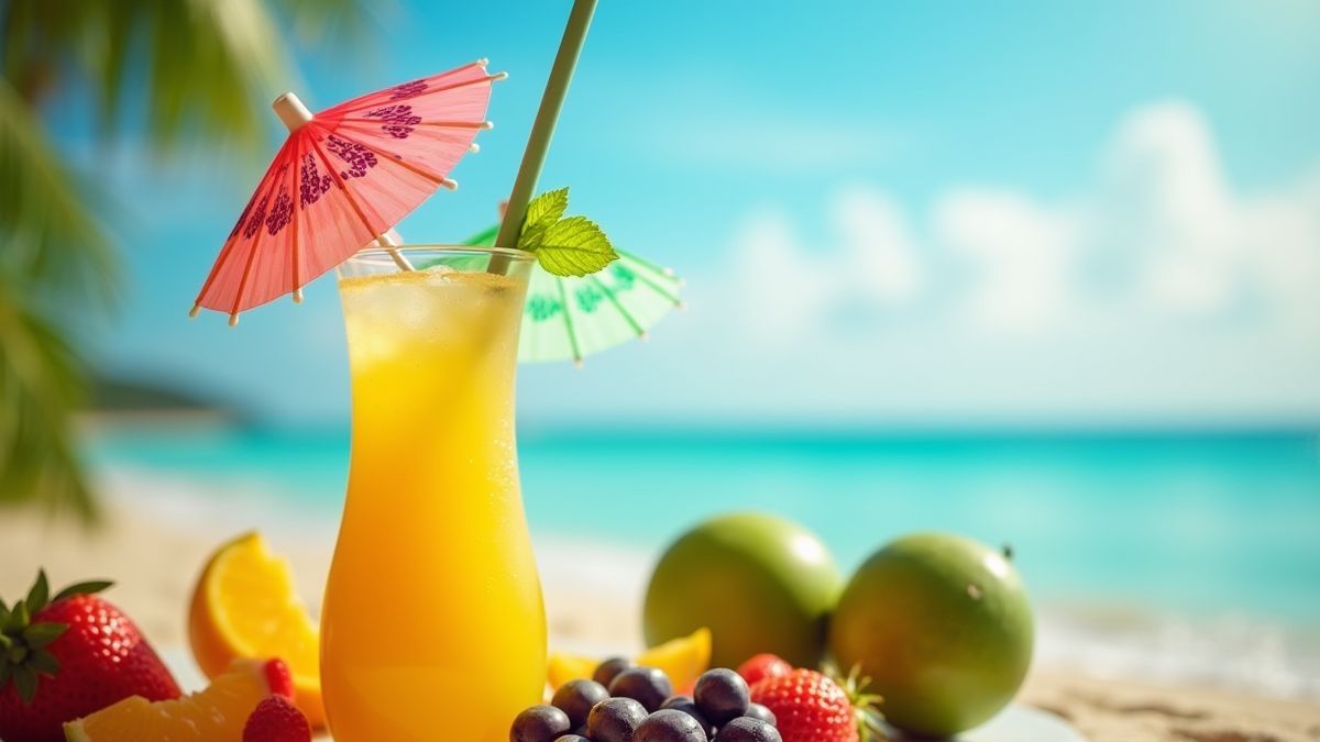 Een tropische cocktail met kleurrijke parasols en fruit onder de zon.