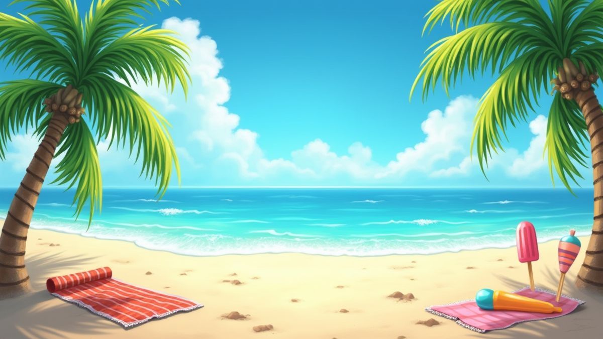 Praia tropical com palmeiras e elementos veranigos como sorvetes e toalhas coloridas.