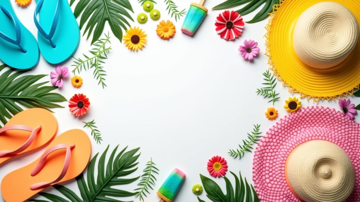 Artigos veranigos como chinelos, chapéus e sorvetes em cores vivas.