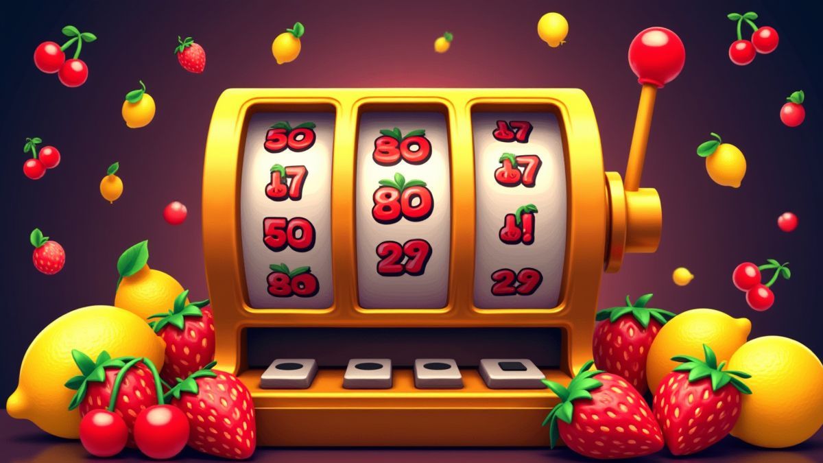 A classic slot machine surrounded by vibrant fruit symbols.