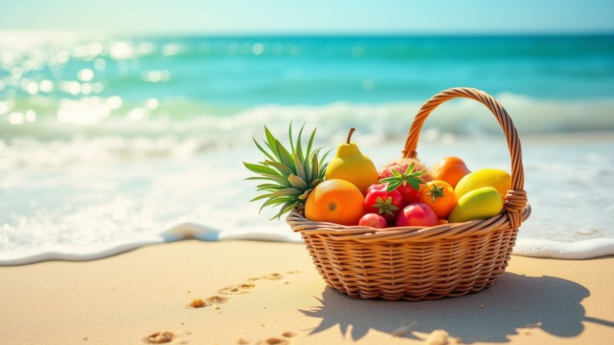A colorful fruit basket on a sunny beach with waves in the background.