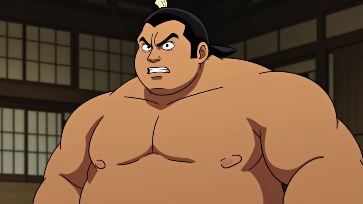 An animated sumo wrestler prepared to compete.