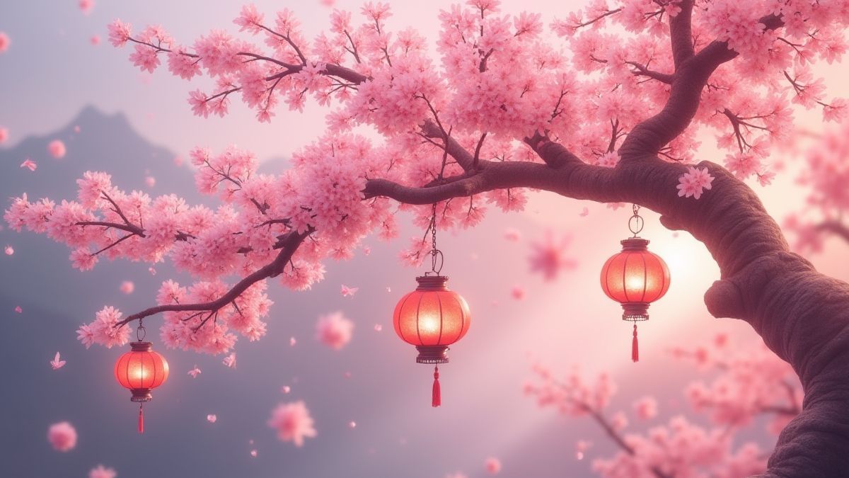 A flowering Japanese cherry tree with decorative lanterns.