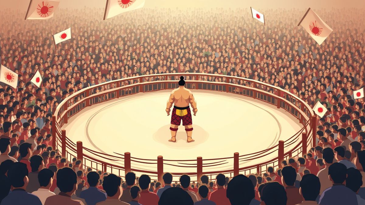 Illustration of a sumo ring with Japanese fans cheering.