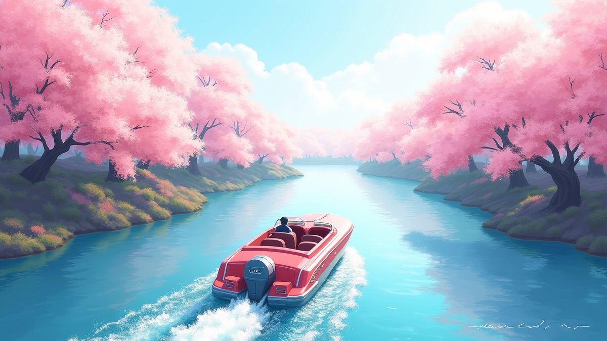Illustration of a boat on a Japanese river with cherry blossoms.