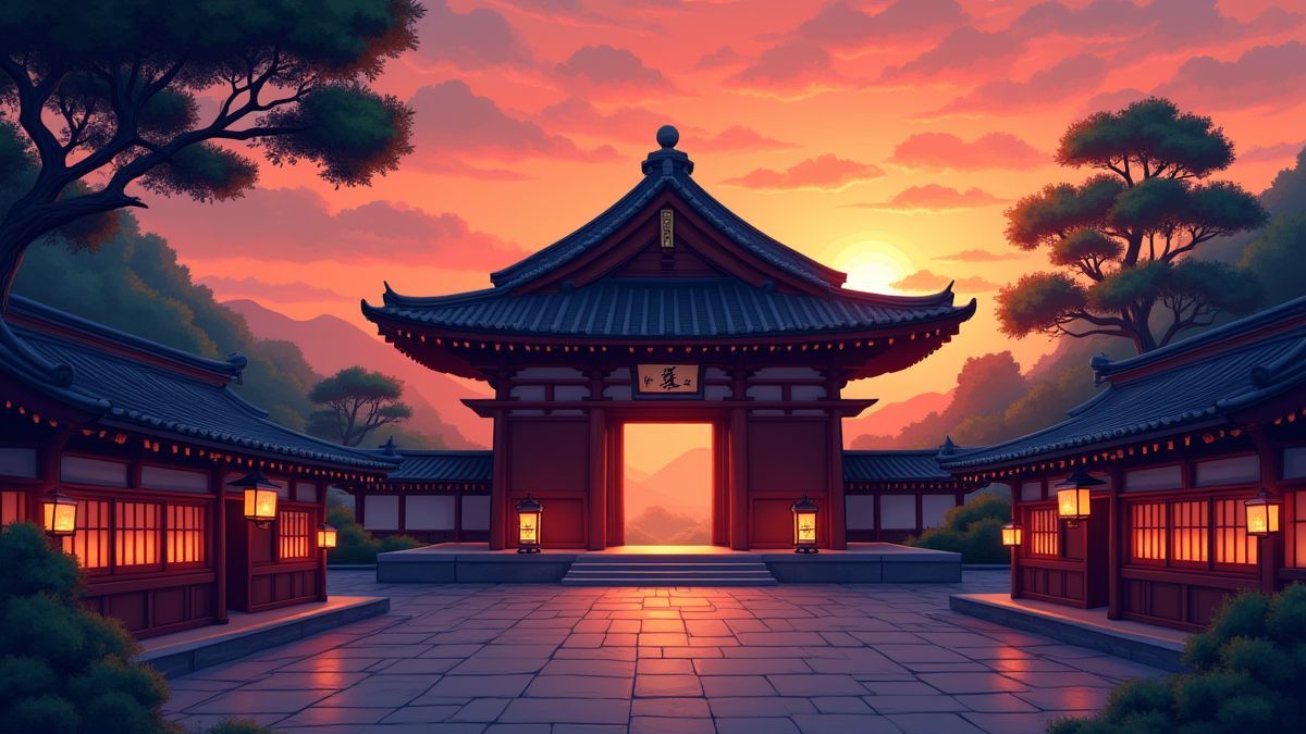 Illustration of a Japanese dojo at sunset with glowing lanterns.