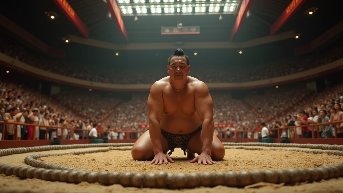 Un luchador de sumo listo para el combate en un estadio tradicional japonés.