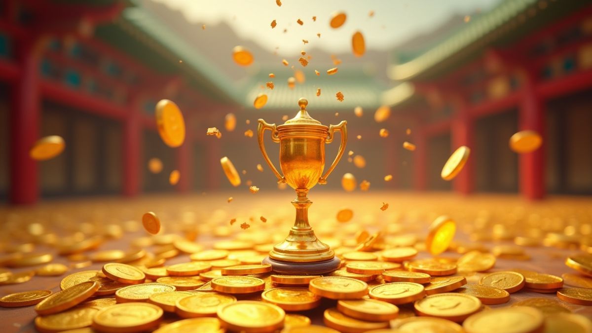 Monedas doradas y trofeos cayendo en un entorno temático de sumo.