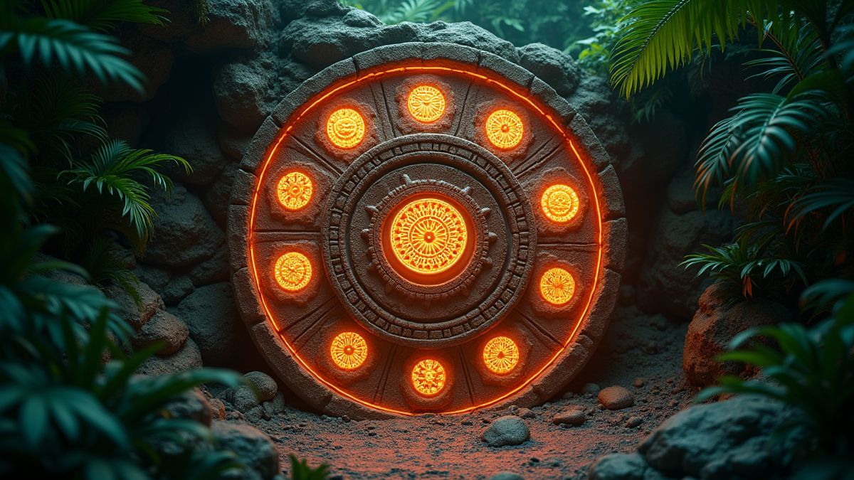 Calendario maya animado con símbolos brillantes en un entorno de jungla.