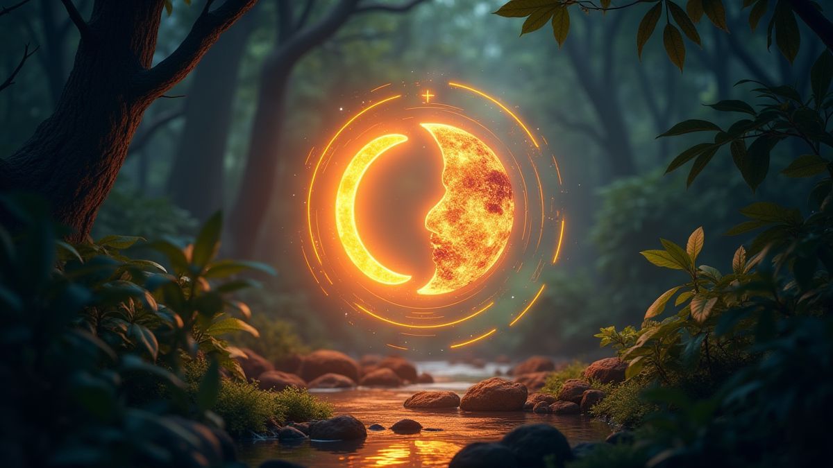 Símbolos del sol y la luna girando en un entorno de jungla mágica.