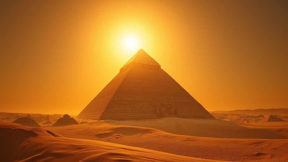 Piramide egipte omringd door gouden zand onder een stralende zon.