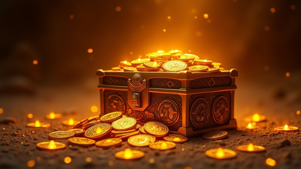 Gouden munten en stralende zonnen op een Egyptische schatkist.