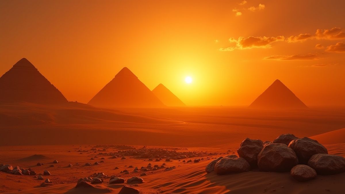 Zonsondergang in de woestijn met piramides in de verte en oude schatten.