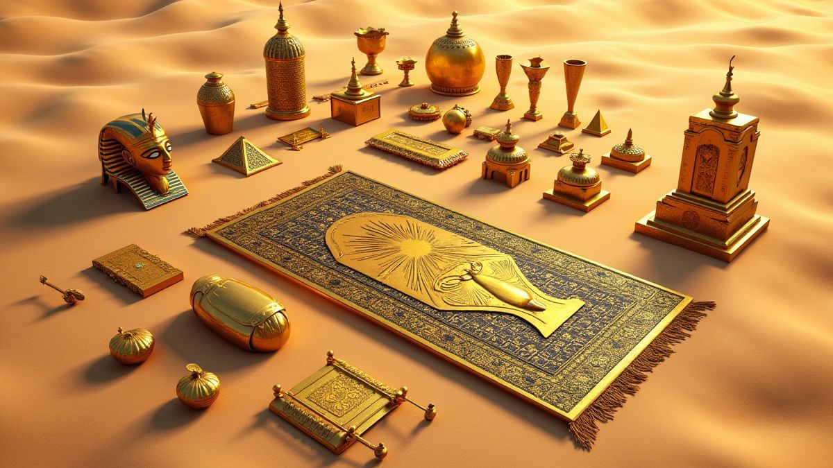 Artefactos egipcios dorados en un entorno desértico.