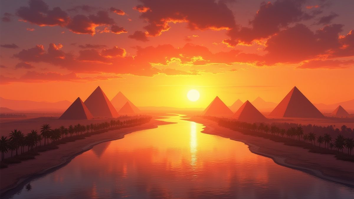 The Nile River and pyramids at sunset.