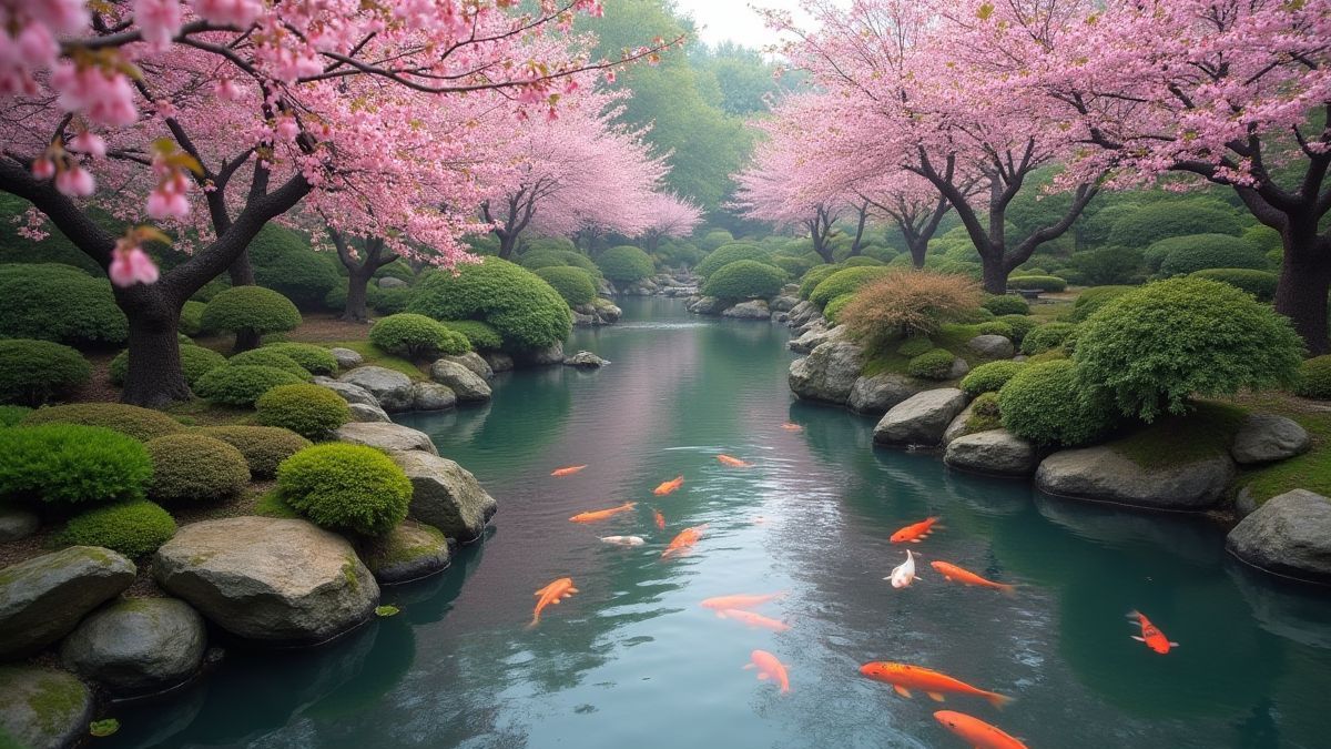 A Japanese garden with koi fish surrounded by cherry blossoms.