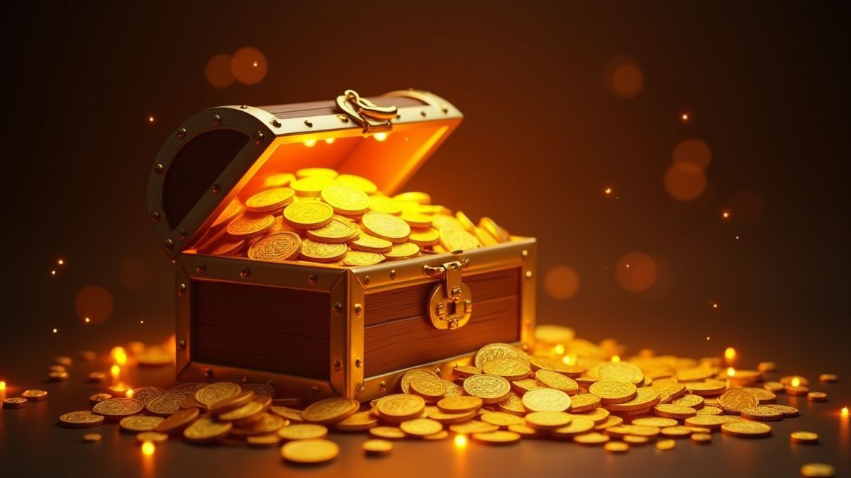 Golden coins and treasures shining in a chest.