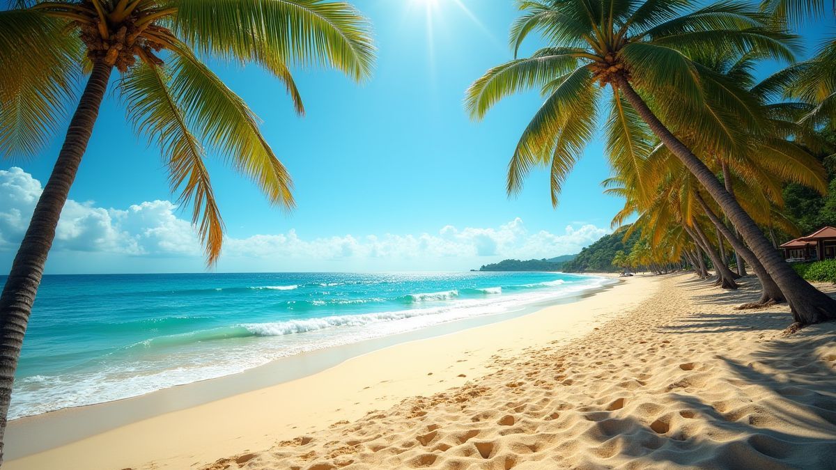 Plage tropicale avec palmiers et sable doré.
