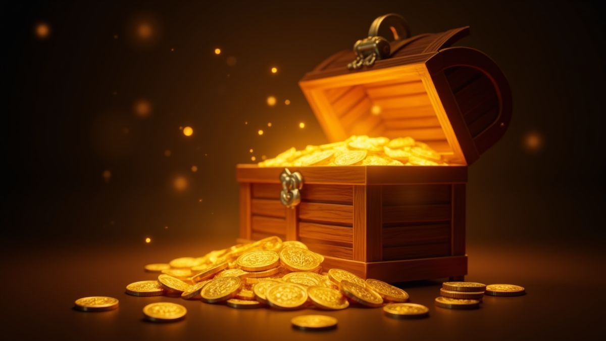 Monnaies dorées dans un coffre au trésor.
