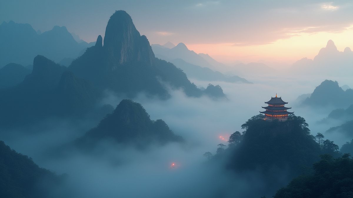 Mystische Berge mit chinesischen Tempeln und leuchtendem Nebel.