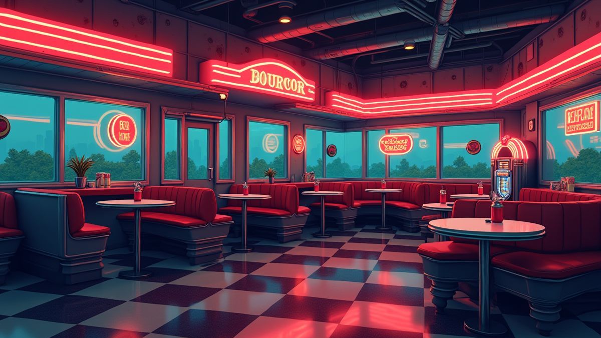 Diner from the 50s with neon lights and a jukebox.
