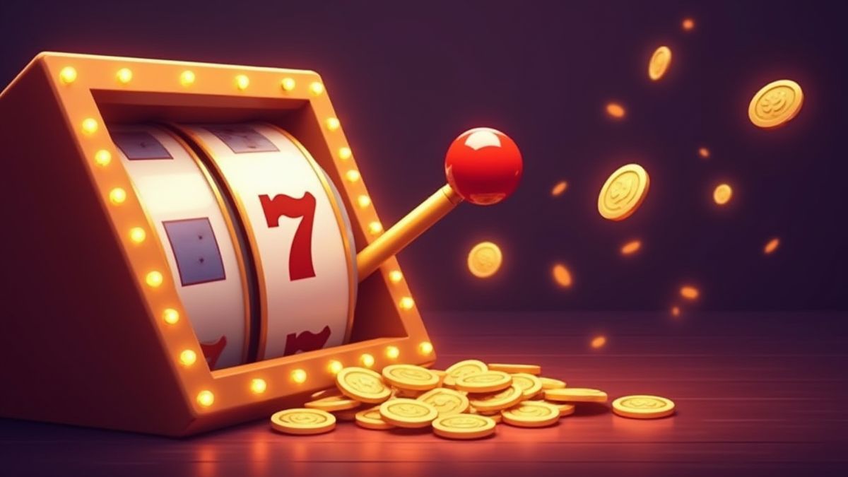 Lever of a slot machine with shining coins coming out.
